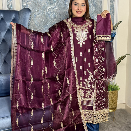 Exclusive Maroon Velvet Three Peace Set (A-7001)