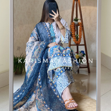 Premium Work Mirror Embroidery Dubai Silk 3-Piece Set (A-4001)