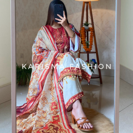 Premium Work Mirror Embroidery Dubai Silk 3-Piece Set (A-4001)