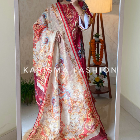 Premium Work Mirror Embroidery Dubai Silk 3-Piece Set (A-4001)