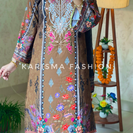 Premium Work Mirror Embroidery Dubai Silk 3-Piece Set (A-4001)