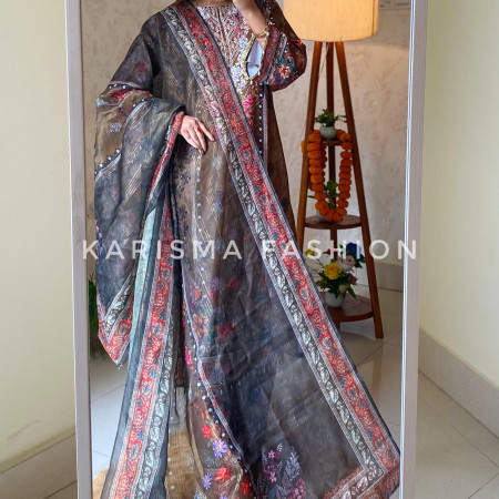 Premium Work Mirror Embroidery Dubai Silk 3-Piece Set (A-4001)
