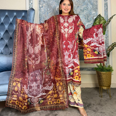 Premium Work Mirror Embroidery Dubai Silk 3-Piece Set (A-2001)