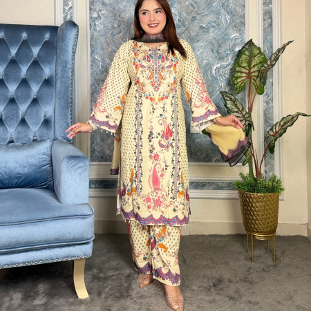 Premium Work Mirror Embroidery Dubai Silk 3-Piece Set (A-3001)