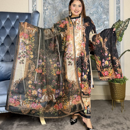 Premium Work Mirror Embroidery Dubai Silk 3-Piece Set (A-8001)