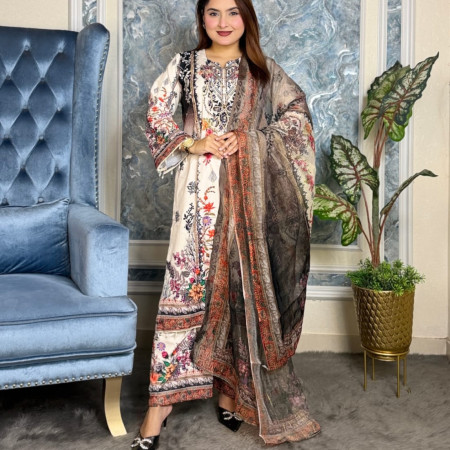 Premium Work Mirror Embroidery Dubai Silk 3-Piece Set (A-8001)