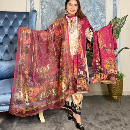 Premium Work Mirror Embroidery Dubai Silk 3-Piece Set (A-8001)