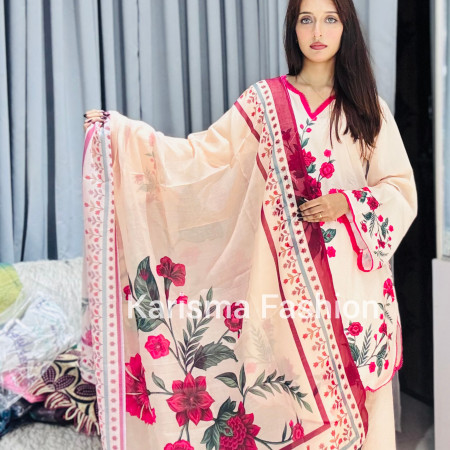 Karisma Pakistani Floral Classic Printed Lace Work 3-Piece Set (A-1002)
