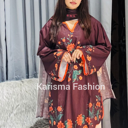 Karisma Pakistani Floral Classic Printed Lace Work 3-Piece Set (A-1002)